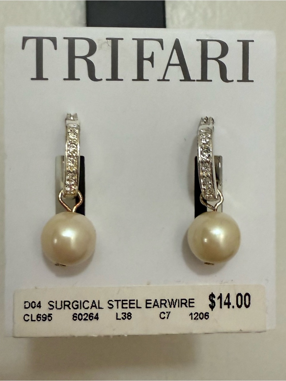 Trifari Silver-Tone Hoop Earrings with Cream Pearl Drops